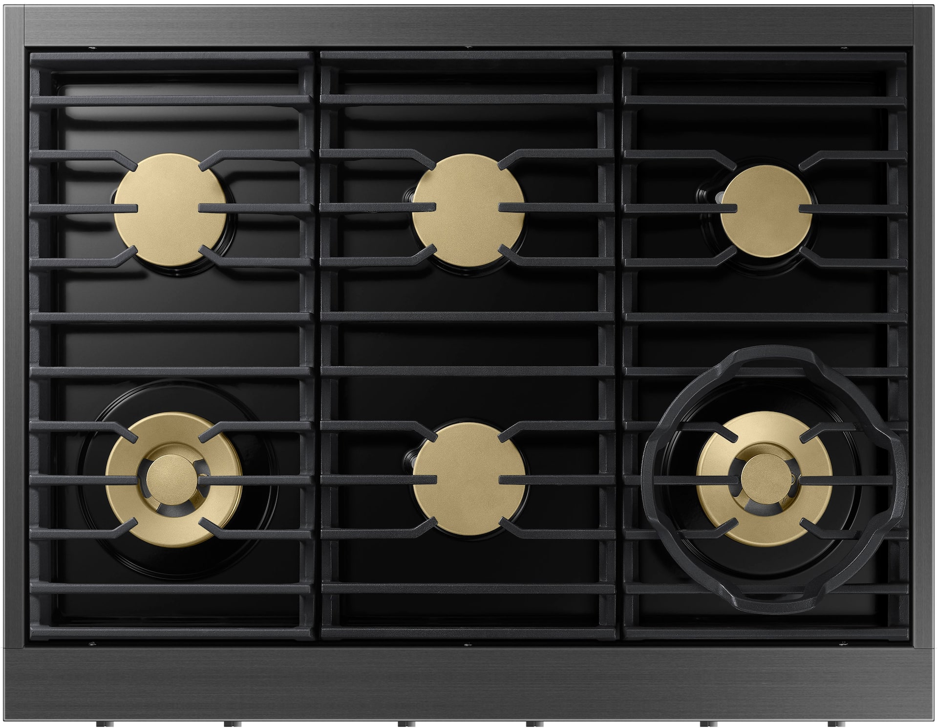 Six sealed brass burners with cast-iron grates on Dacor DOP36C86DLM/DA cooktop