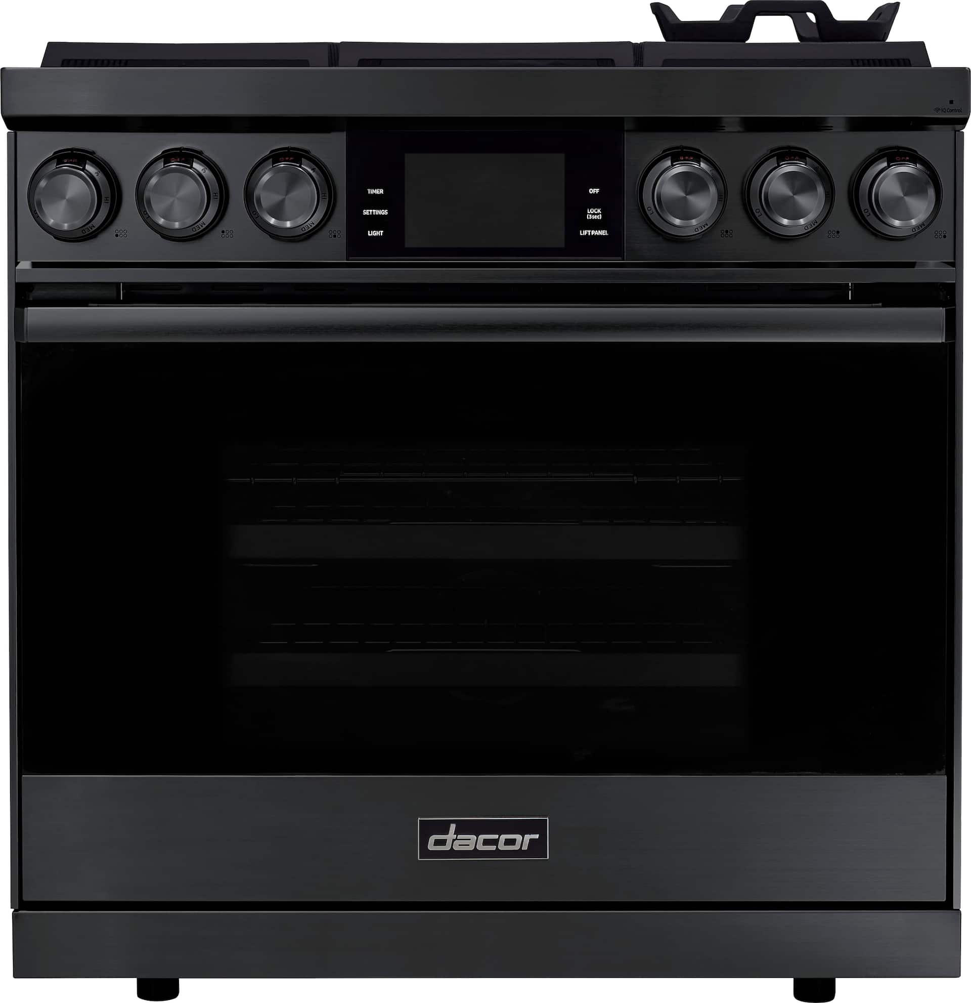 Dacor Contemporary 36-inch Dual Fuel Slide-In Range in Graphite Steel, front view with LCD and Illumina knobs (model DOP36C86DLM/DA)